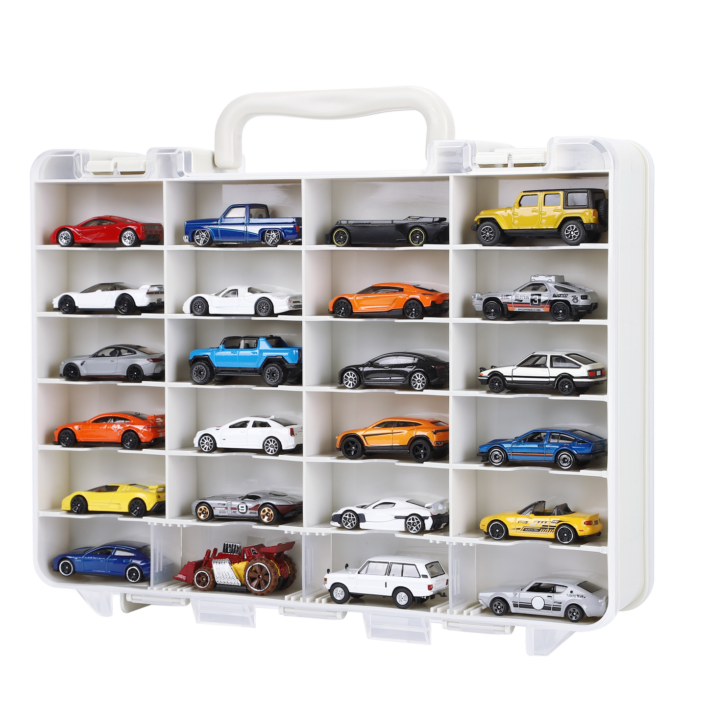 Saichotoy Hot Wheels Storage Box for 1/64 Scale Cars,  48-Slot Double-Sided Transparent Organizer with Built-in Adjustable Dividers & Steps Prevent Sliding