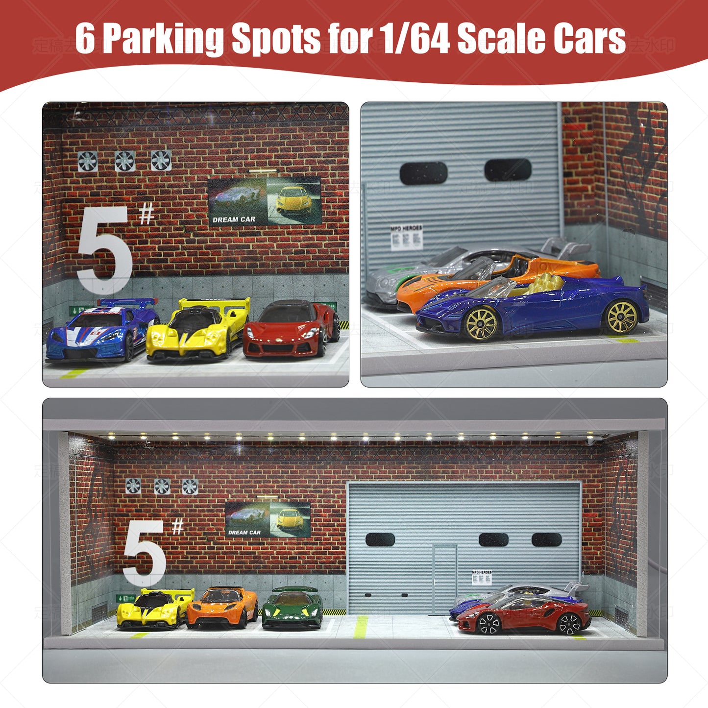 Parking Garage for 1/64 Cars with LED Lights, Display Case for Hot Wheels Cars