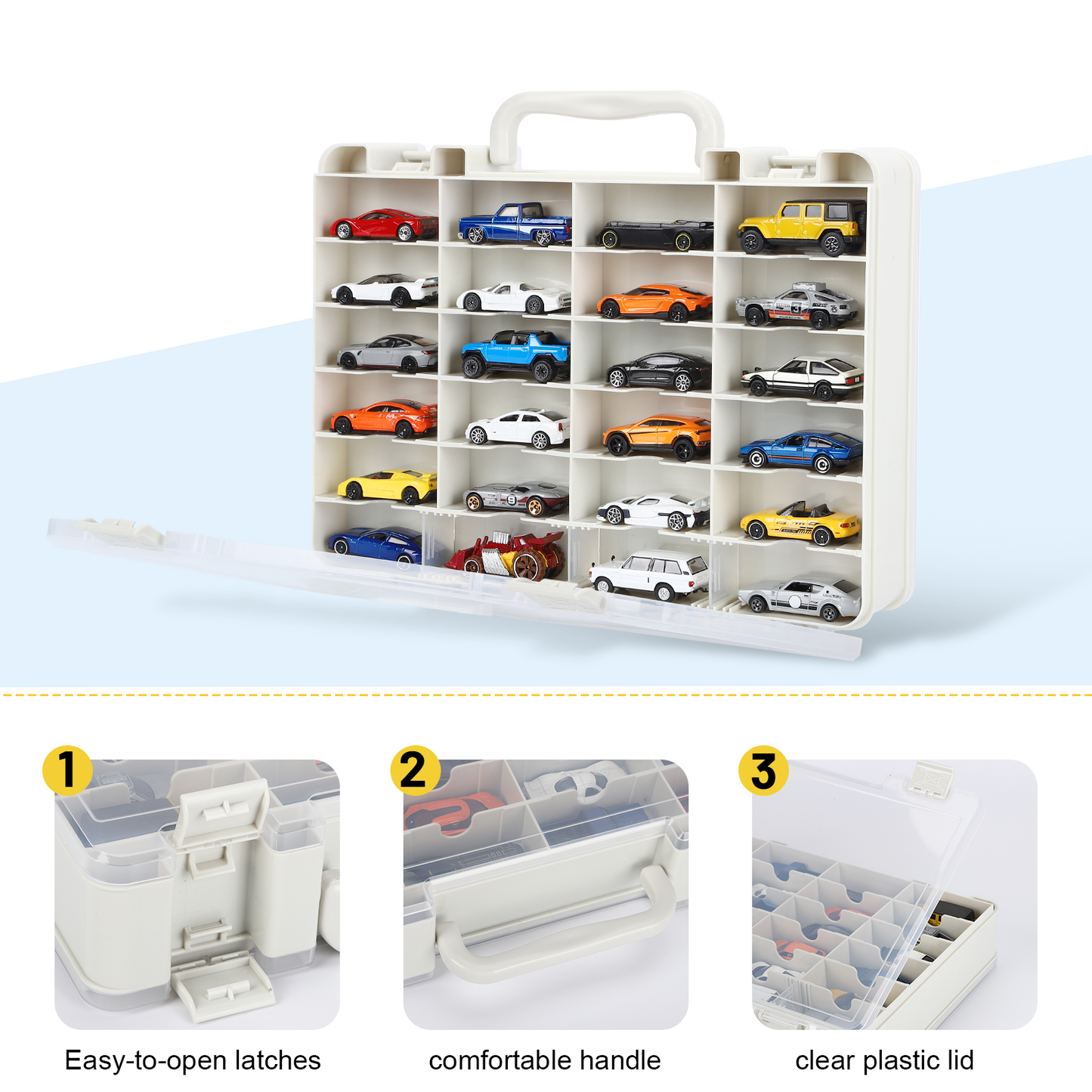 Saichotoy Hot Wheels Storage Box for 1/64 Scale Cars,  48-Slot Double-Sided Transparent Organizer with Built-in Adjustable Dividers & Steps Prevent Sliding