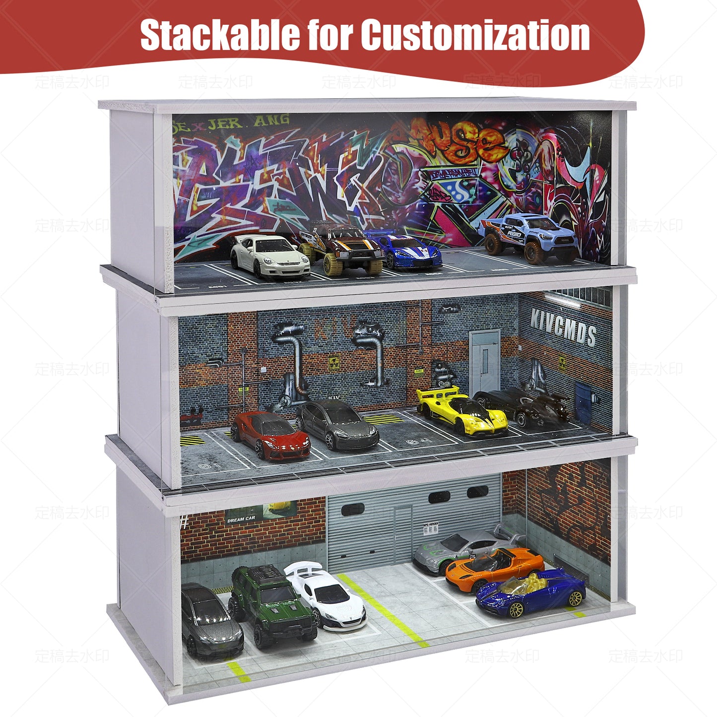Parking Garage for 1/64 Cars with LED Lights, Display Case for Hot Wheels Cars