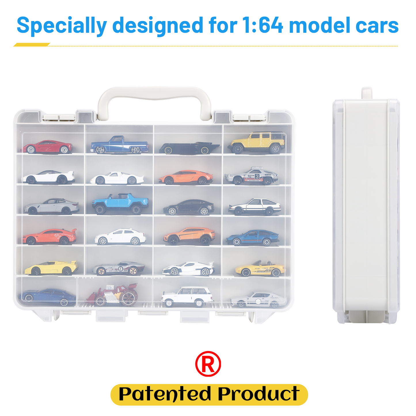 Saichotoy Hot Wheels Storage Box for 1/64 Scale Cars,  48-Slot Double-Sided Transparent Organizer with Built-in Adjustable Dividers & Steps Prevent Sliding