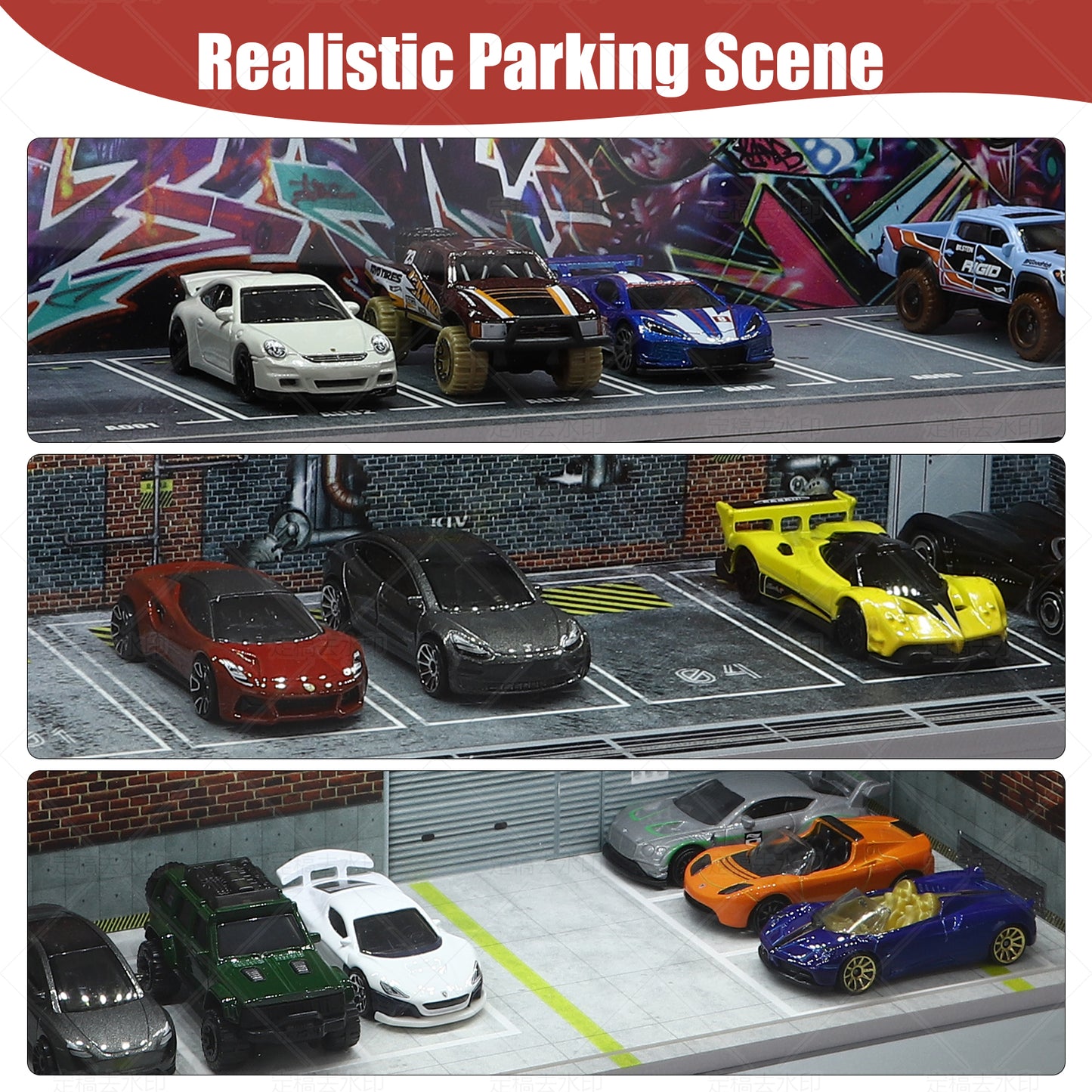 Parking Garage for 1/64 Cars with LED Lights, Display Case for Hot Wheels Cars