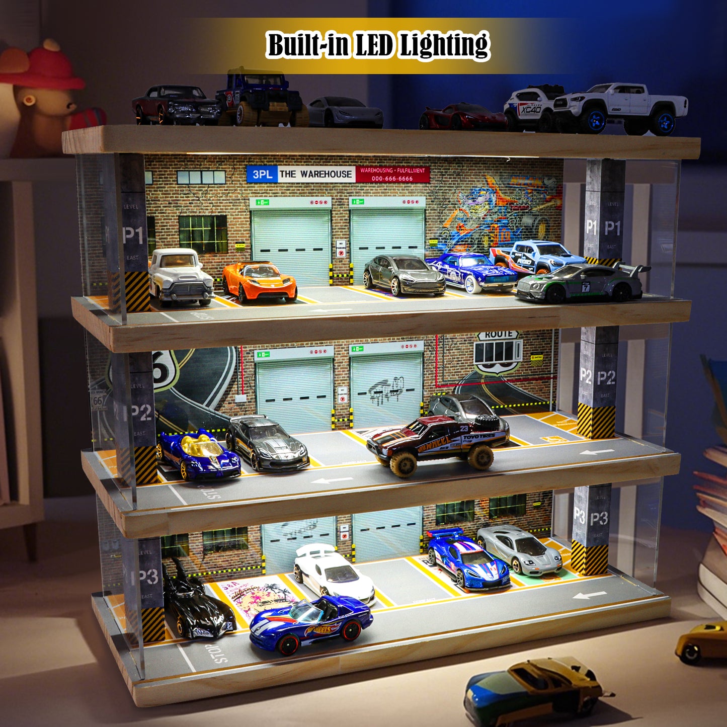 Saichotoy 1/64 Cars Parking Garage with Lights, Hot Wheels Storage and Display Case