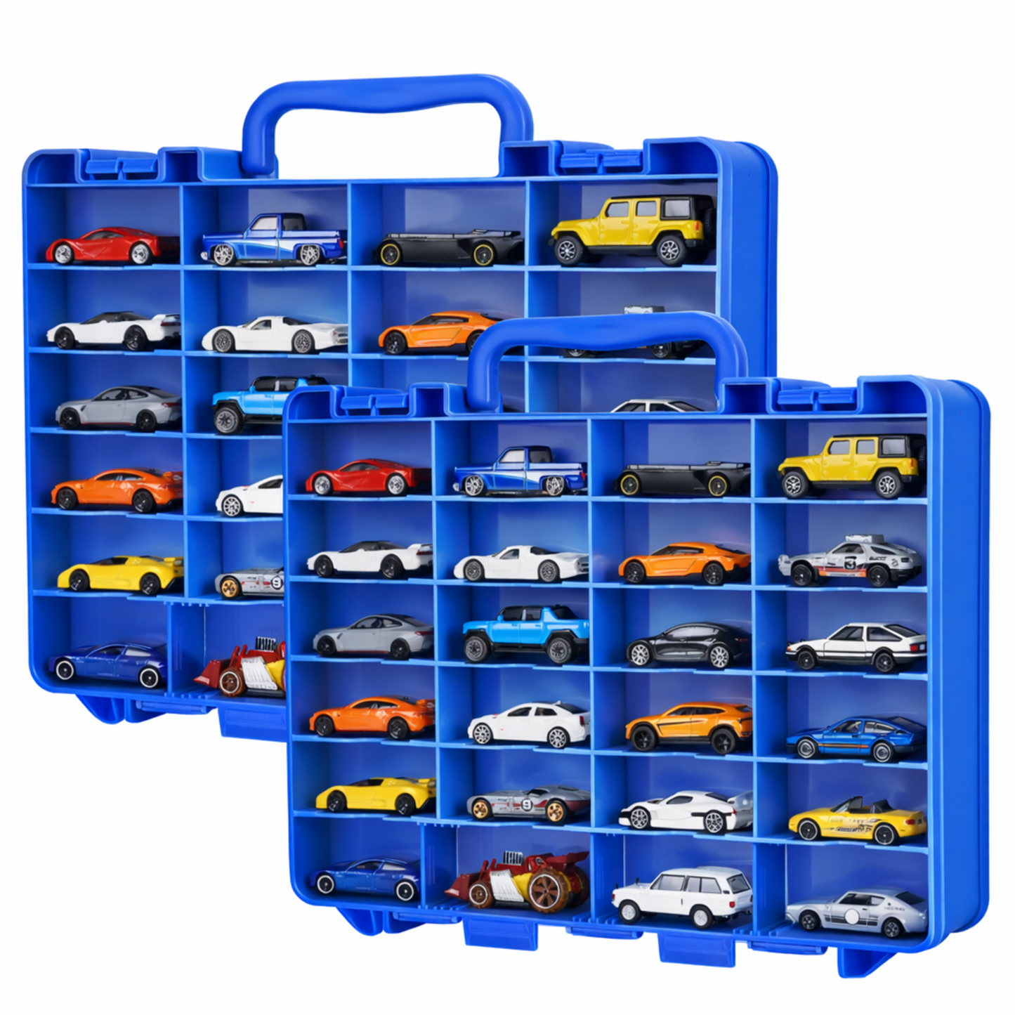 Saichotoy Hot Wheels Storage Box for 1/64 Scale Cars, 48-Slot Double-Sided Transparent Organizer with Built-in Adjustable Dividers & Steps Prevent Sliding