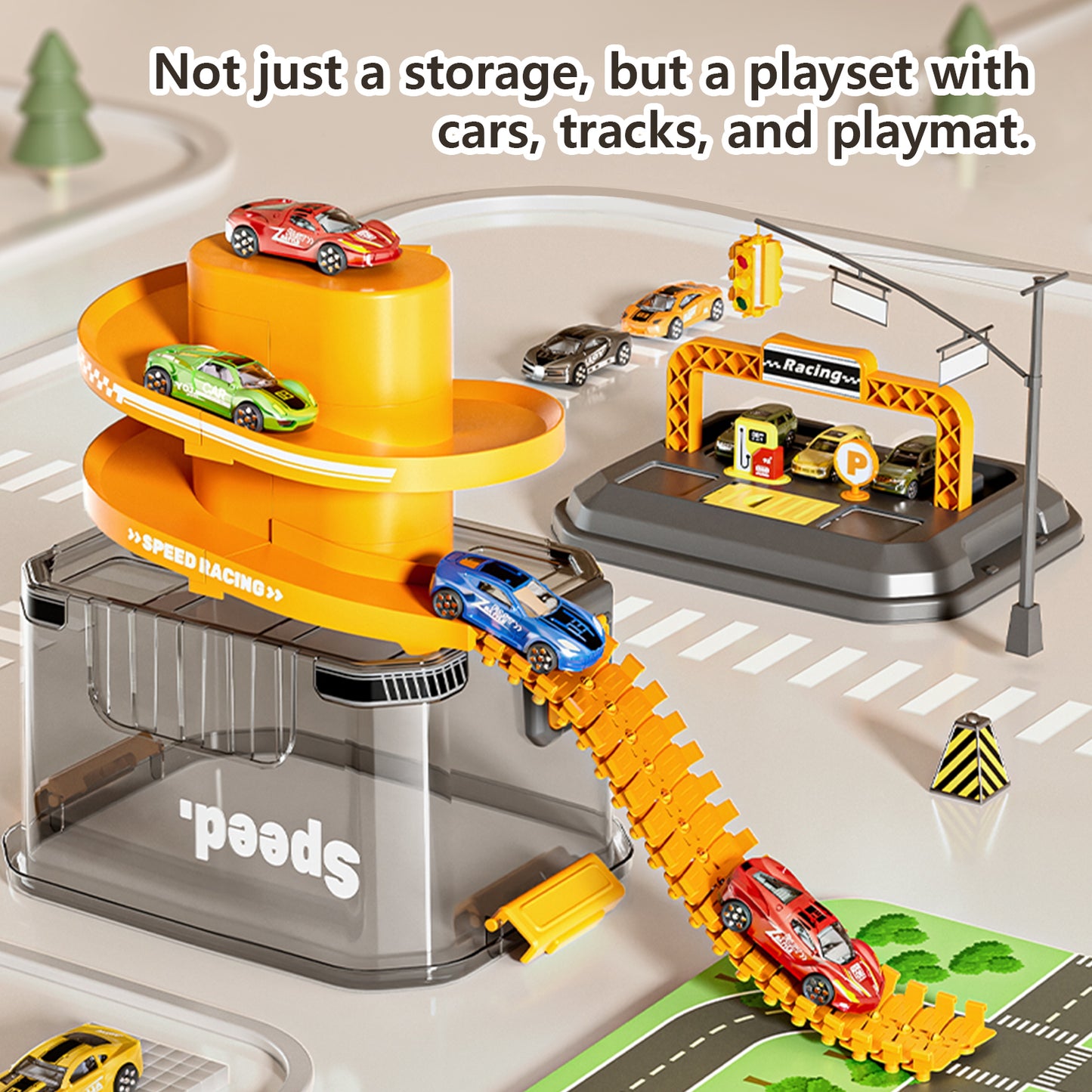 Toy Car Track Storage Set - Toddler Toys for Ages 2-5 Including 12 Diecast Cars Compatible with Hot Wheels, Plat Mat, Race Tracks, Car Ramp, Kids Birthyday Gift for 2 3 4 5 Year Old Boys