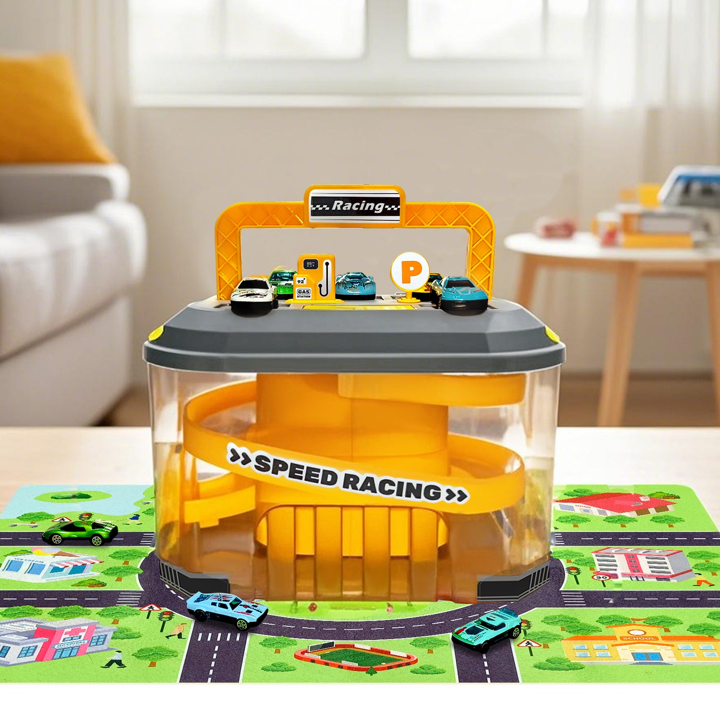 Toy Car Track Storage Set - Toddler Toys for Ages 2-5 Including 12 Diecast Cars Compatible with Hot Wheels, Plat Mat, Race Tracks, Car Ramp, Kids Birthyday Gift for 2 3 4 5 Year Old Boys