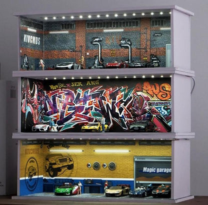 Parking Garage for 1/64 Cars with LED Lights, Display Case for Hot Wheels Cars