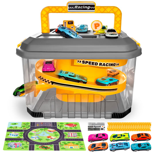 Toy Car Track Storage Set - Toddler Toys for Ages 2-5 Including 12 Diecast Cars Compatible with Hot Wheels, Plat Mat, Race Tracks, Car Ramp, Kids Birthyday Gift for 2 3 4 5 Year Old Boys