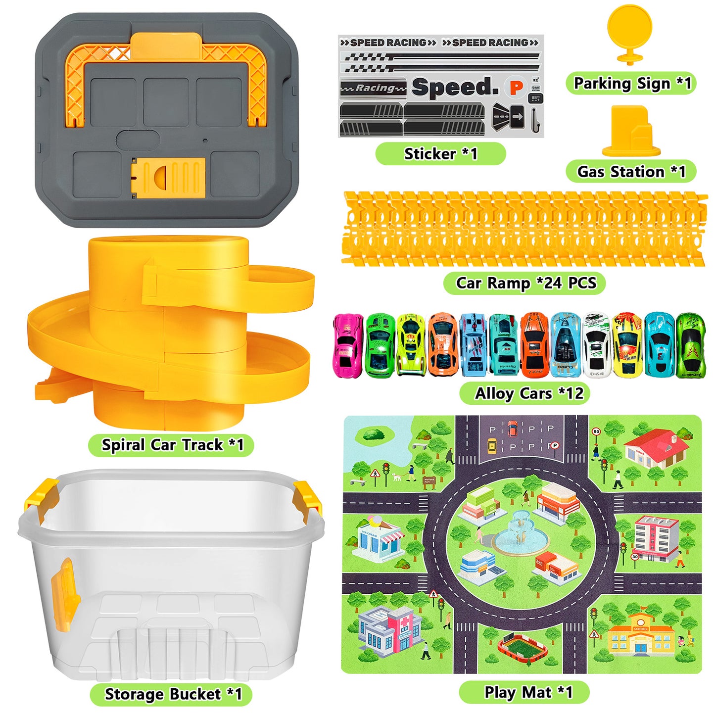Toy Car Track Storage Set - Toddler Toys for Ages 2-5 Including 12 Diecast Cars Compatible with Hot Wheels, Plat Mat, Race Tracks, Car Ramp, Kids Birthyday Gift for 2 3 4 5 Year Old Boys