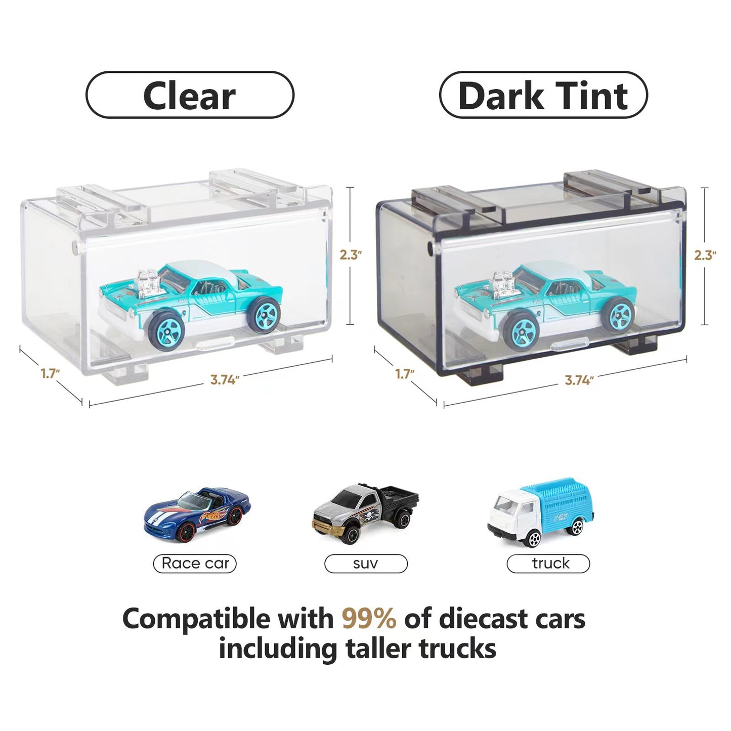 Saichotoy Hot Wheels Display Case, clear versus dark tint color comparision